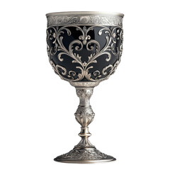 Ornate silver and black goblet displayed against a neutral background in a studio setting.