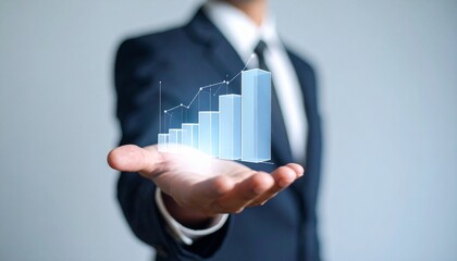 Business wallpaper with a translucent 3D graph shape on the hand of a man in a suit
