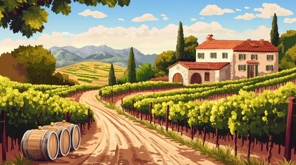 Illustration of a vineyard and winery farm with farmhouse villa, wine barrels, white wine bottles, and grapevine pruning, presented as a hand-drawn vector poster.

