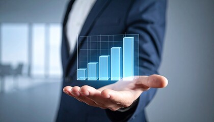 Business wallpaper with a translucent 3D graph shape on the hand of a man in a suit