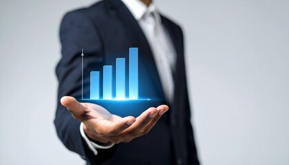 Business wallpaper with a translucent 3D graph shape on the hand of a man in a suit