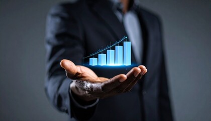 Business wallpaper with a translucent 3D graph shape on the hand of a man in a suit