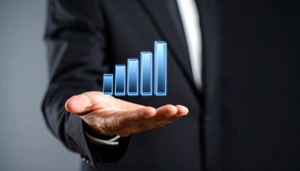 Business wallpaper with a translucent 3D graph shape on the hand of a man in a suit