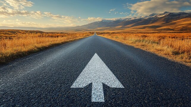 An asphalt road stretches into the distance with a painted white arrow, progress, the concept of continuous growth and forward movement