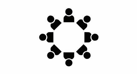 Illustration of eight abstract people sitting around a white octagon shaped table in a meeting room