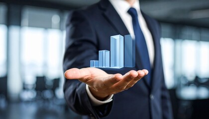 Business wallpaper with a translucent 3D graph shape on the hand of a man in a suit