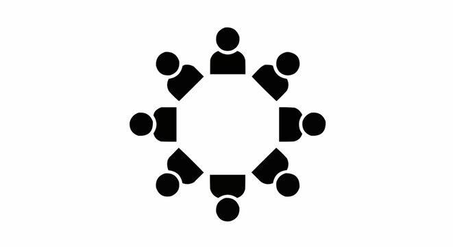 Illustration of eight abstract people sitting around a white octagon shaped table in a meeting room