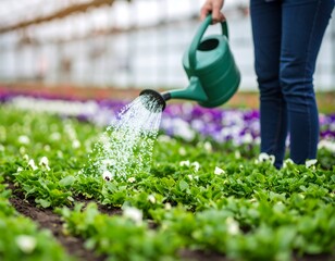 Nurturing growth: Person delicately watering vibrant pansies in greenhouse environment