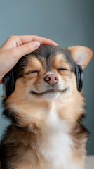 Obraz premium Chihuahua dog with headphones, smiling and relaxed, enjoying music, furry pet and cute ears