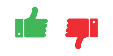 Vector illustration of a green thumbs up and red thumbs down icon. Ideal for expressing approval or disapproval, positive vs negative feedback, voting, review ratings, or decision making. © Anshdeep