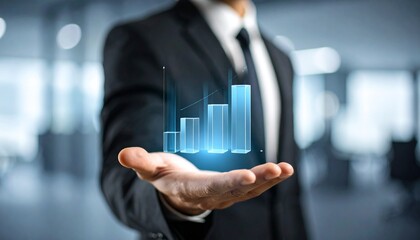 Business wallpaper with a translucent 3D graph shape on the hand of a man in a suit