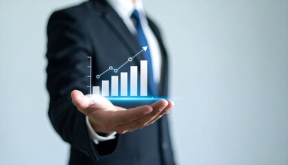 Business wallpaper with a translucent 3D graph shape on the hand of a man in a suit