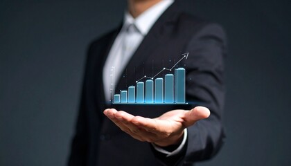 Business wallpaper with a translucent 3D graph shape on the hand of a man in a suit