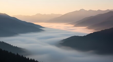 Fototapeta premium Serene Mountain Valley Sunrise With Fog Layers Creating a Mystical Atmospheric Vista