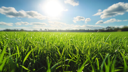 Fototapeta premium Vibrant green grass field basks in the warm sunlight of a beautiful day, creating a serene and peaceful landscape.