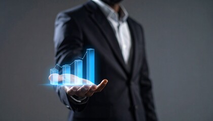 Business wallpaper with a translucent 3D graph shape on the hand of a man in a suit