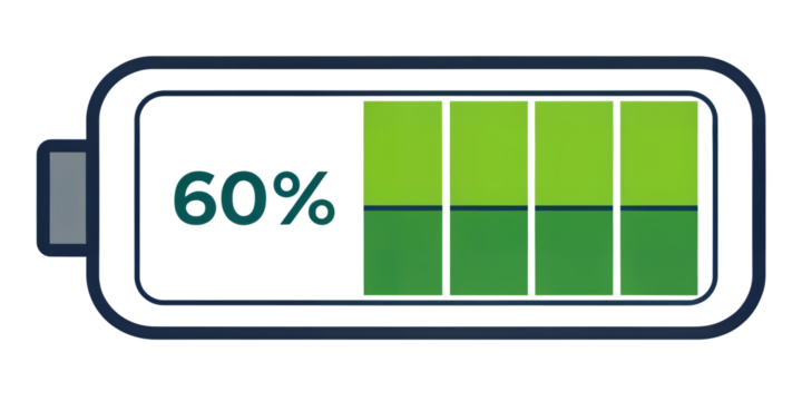 Battery Status: A graphic showing a battery with 60% charge, designed to visually indicate power levels and usage.