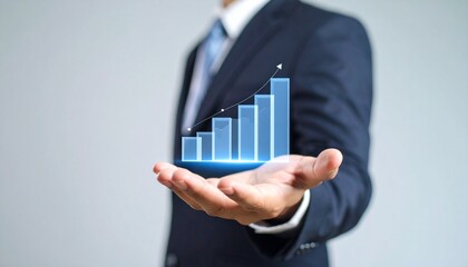 Business wallpaper with a translucent 3D graph shape on the hand of a man in a suit
