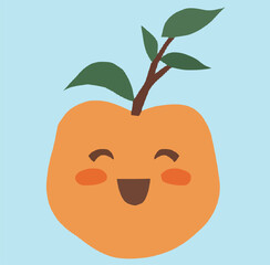 Cute cartoon peach with happy expression and leaves.