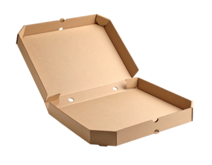 Open pizza box cardboard container packaging food on transparent background