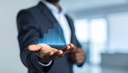 Business wallpaper with a translucent 3D graph shape on the hand of a man in a suit