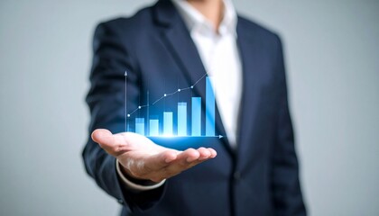 Business wallpaper with a translucent 3D graph shape on the hand of a man in a suit