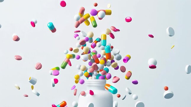 Colorful assortment of pills and capsules exploding from a white bottle against a clean background, showcasing various shapes and sizes of medication in a dynamic display of health
