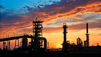 Industrial plant silhouettes stand against a vibrant sunset with colorful clouds illuminating the sky.