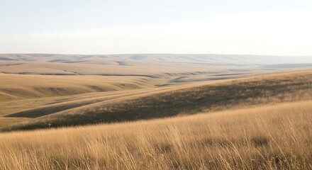 Fototapeta premium Expansive vista of rolling golden hills and dry prairie grass under a soft hazy sky.