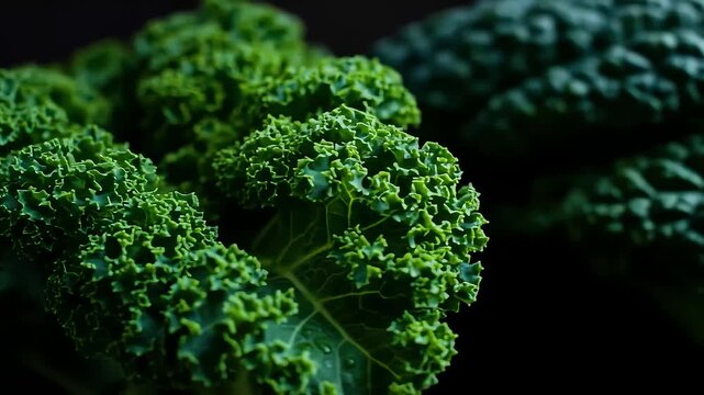 Kale leaves rotating slowly against dark background