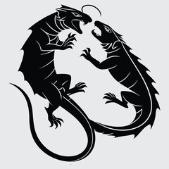 Two dragons (lizards) locked in tail-wrapped combat image silhouette design vector art and illustration`