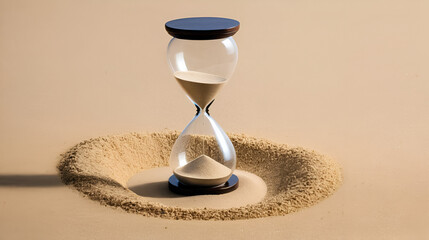 Broken hourglass with scattered sand representing time slipping away and loss. Metaphor depicting deadline, ending, past due. Suitable for business, finance, education