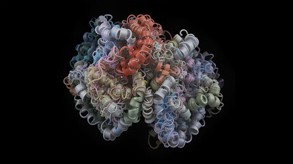 Troponin: structure of the human cardiac troponin core domain. Composed of three subunits (C, T and I). 3D rendering based on protein data bank entry 1j1e. Ball-and-stick model, black background.