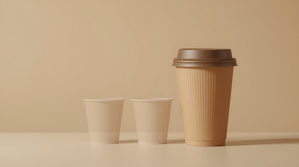 One Brown coffee paper cup. Mock-up with lid. Set of craft paper cups for coffee or tea on beige background. Front View. Zero waste, plastic free concept. Disposable Recycled cups. Long banner