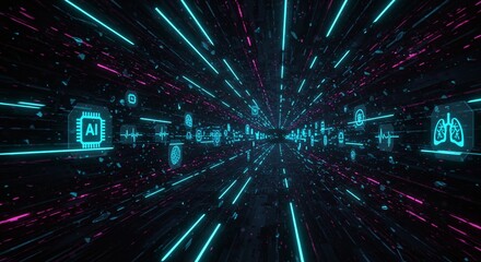 Ai diagnosis scans the body's systems, revealing insights with bright lines.