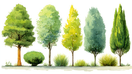 green grass isolated on white background, Set of watercolor tree top view for landscape plan and architecture layout.