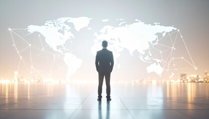 A man in a suit with a three-dimensional world map in the background