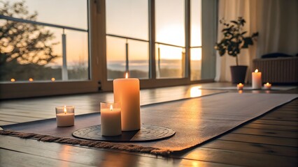 Candles on a yoga mat in a room with a view of the sunset through a window