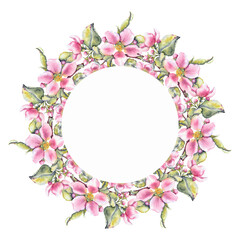 Watercolor floral frame wreath with pink apple blossoms and green leaves in botanical style. invitations greeting cards wedding stationery cosmetic branding seasonal sales and eco product packaging