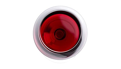 High-angle view of a stemmed wine glass filled with red wine. The glass is clear, and the wine is a deep ruby color