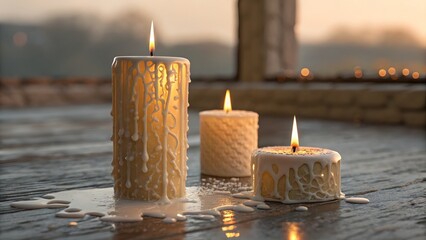 Three lit candles with melting wax on a wooden surface at sunset indoors