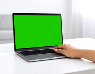 Fototapeta premium Hands-on Technology: A person using a laptop with a bright green screen for mockups