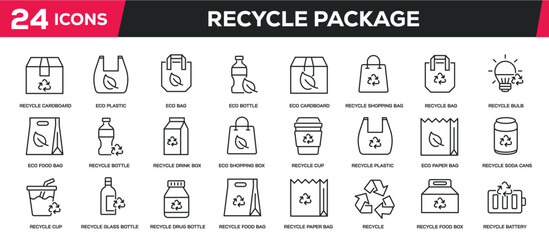 Set of collection line icons related recycle green package. Editable stroke. Perfect pixel on transparent background
