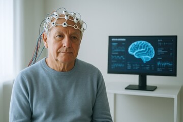 elderly man wearing eeg cap during brain test in cognitive lab with calm expression, concept of memory monitoring, brainwave study, alzheimer prevention