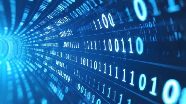 Futuristic Digital Tunnel with Binary Code Flowing in a Blue Neon Light Effect