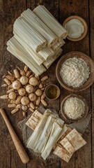Overhead shot of tamale ingredients including masa, corn husks, spices, and a wooden rolling pin
