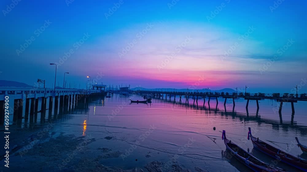 Wall mural timelapse stunning the sun shining through the clouds above chalong pier. scene of colorful yellow l