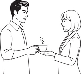 Fototapeta premium Line art illustration of a man serving a steaming cup of coffee to a woman