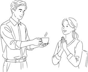 Line art illustration of a man offering a drink to a grateful woman at her desk.