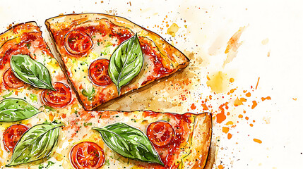 Hand drawn watercolor illustration of a classic Italian Margherita pizza with fresh basil and cherry tomatoes. Artistic food sketch with a slice cut out.